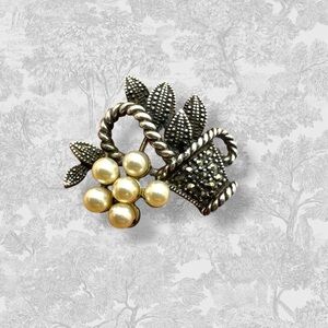 Vintage Marcasite Sterling Silver Pins Set Hugs and Kisses and Flower Basket